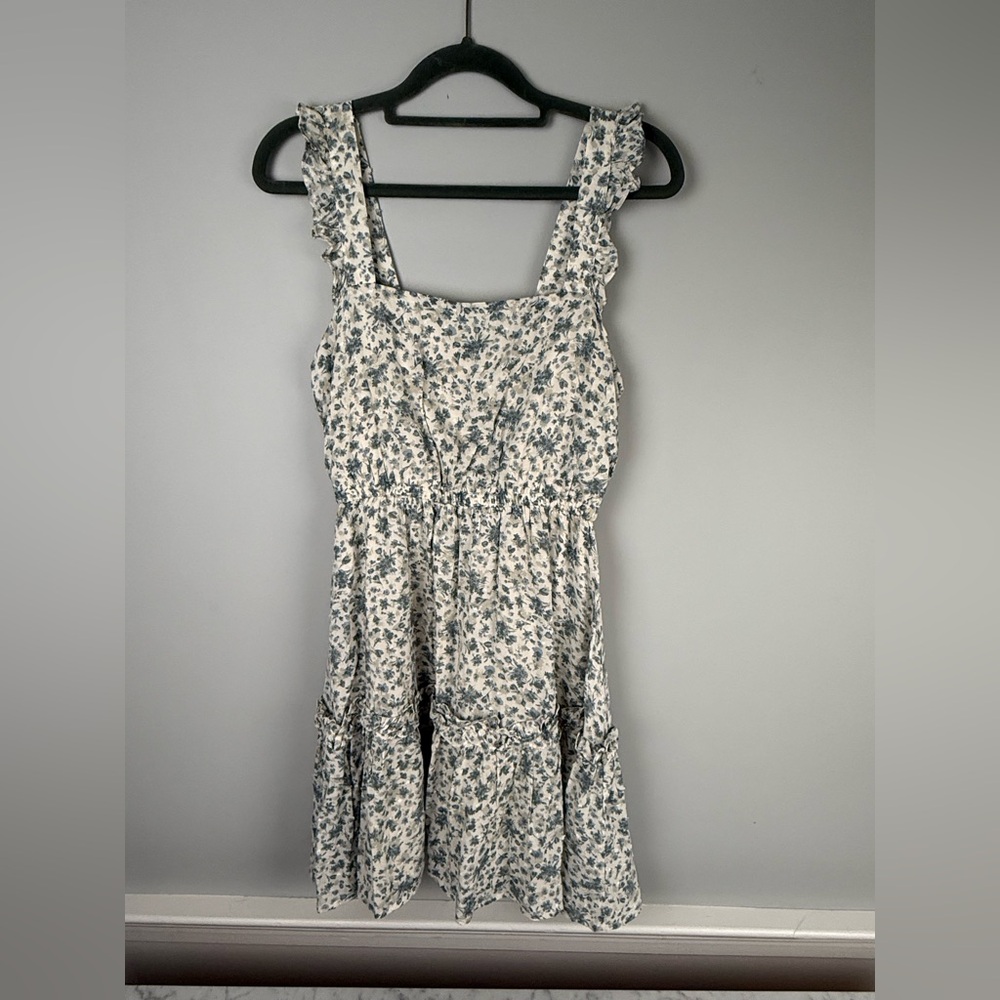 Altar’D State Ruffle Elastic Waist Dress w/Blue Flowers and Flutter Straps SZ SM